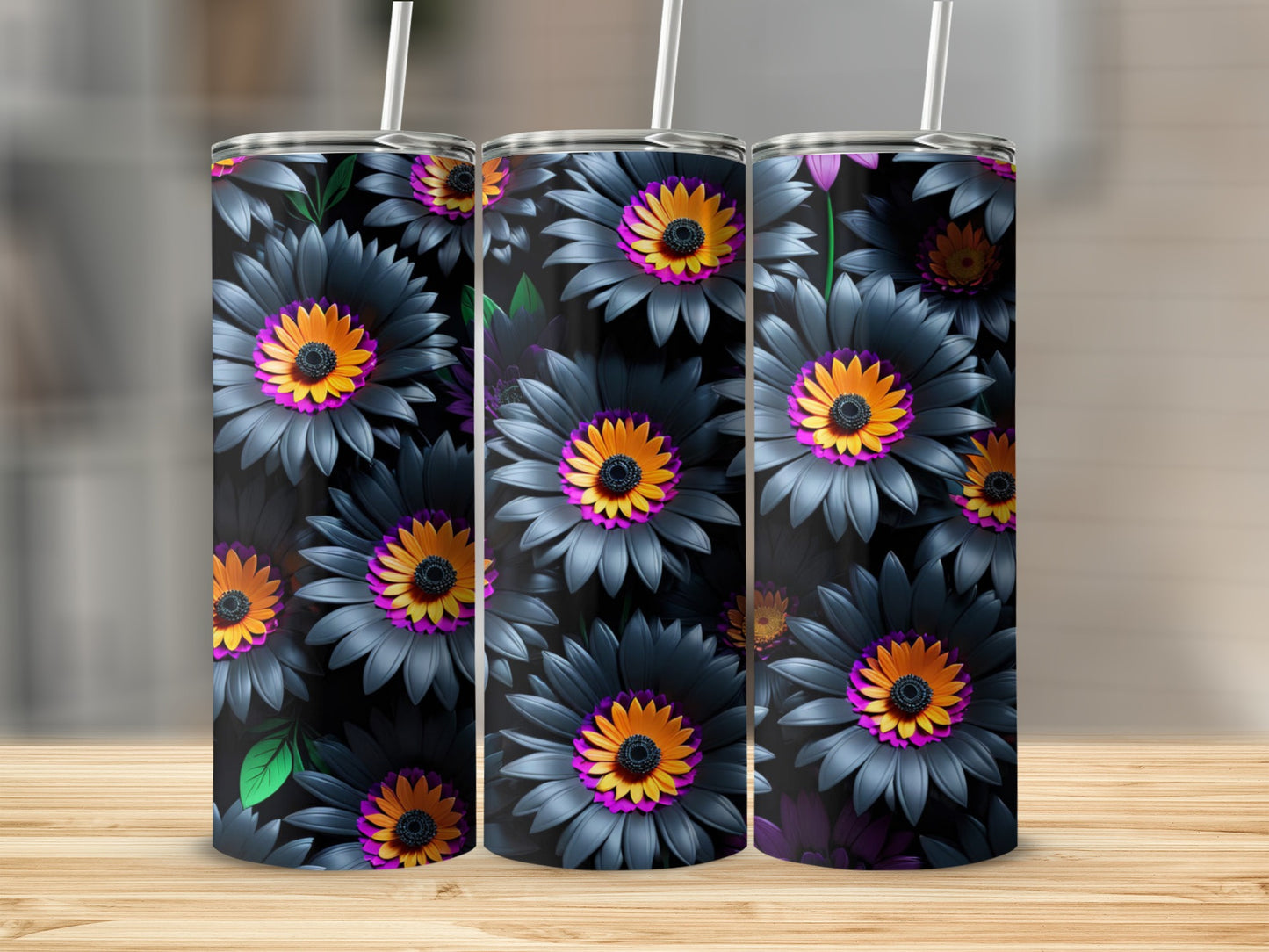 Three tumblers with a dark floral pattern featuring black petals and bright centers.