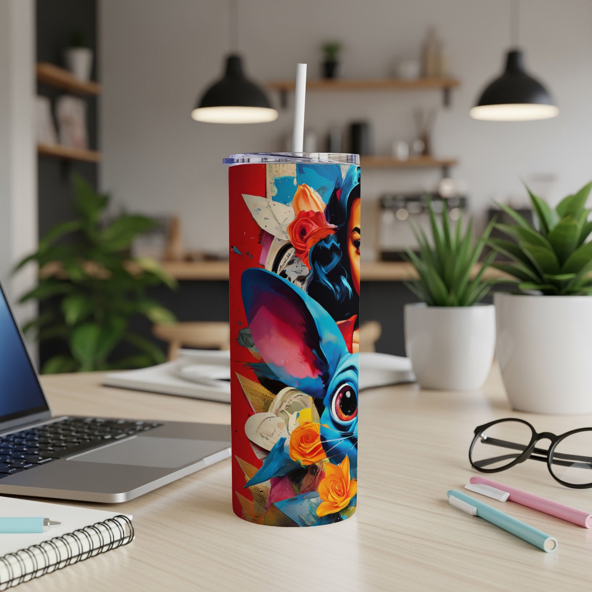 Tapered tumbler with cartoon dog, roses, and bold colorful patterns.