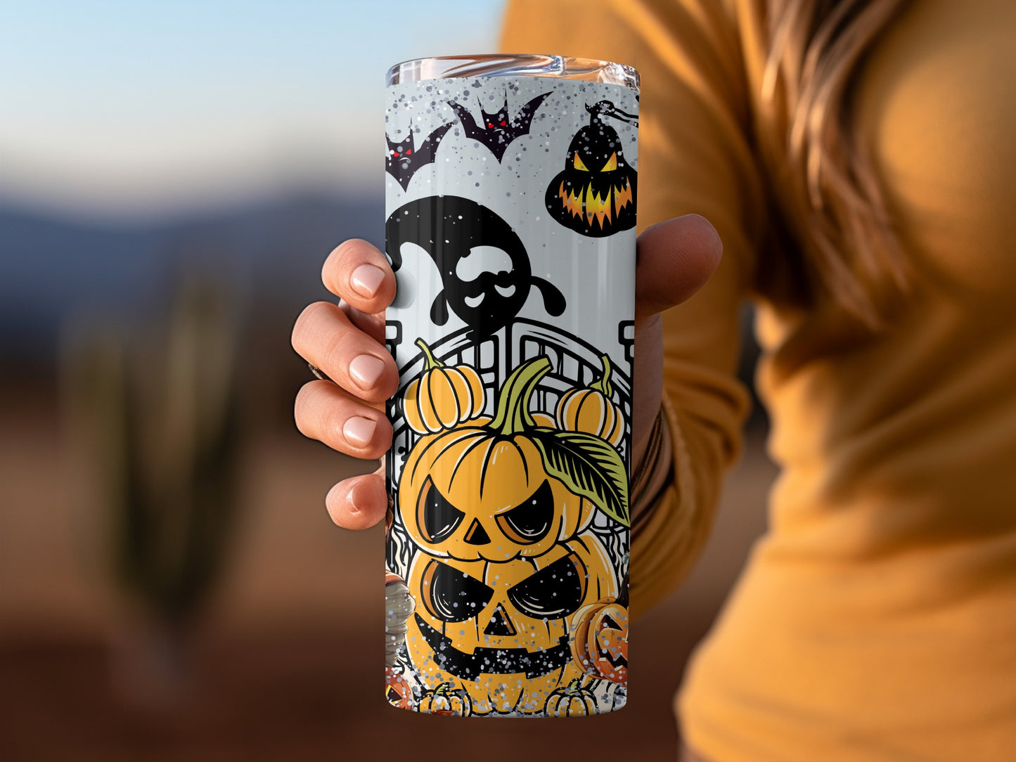 Spooky Halloween Themed Tumbler with Pumpkins and Bats