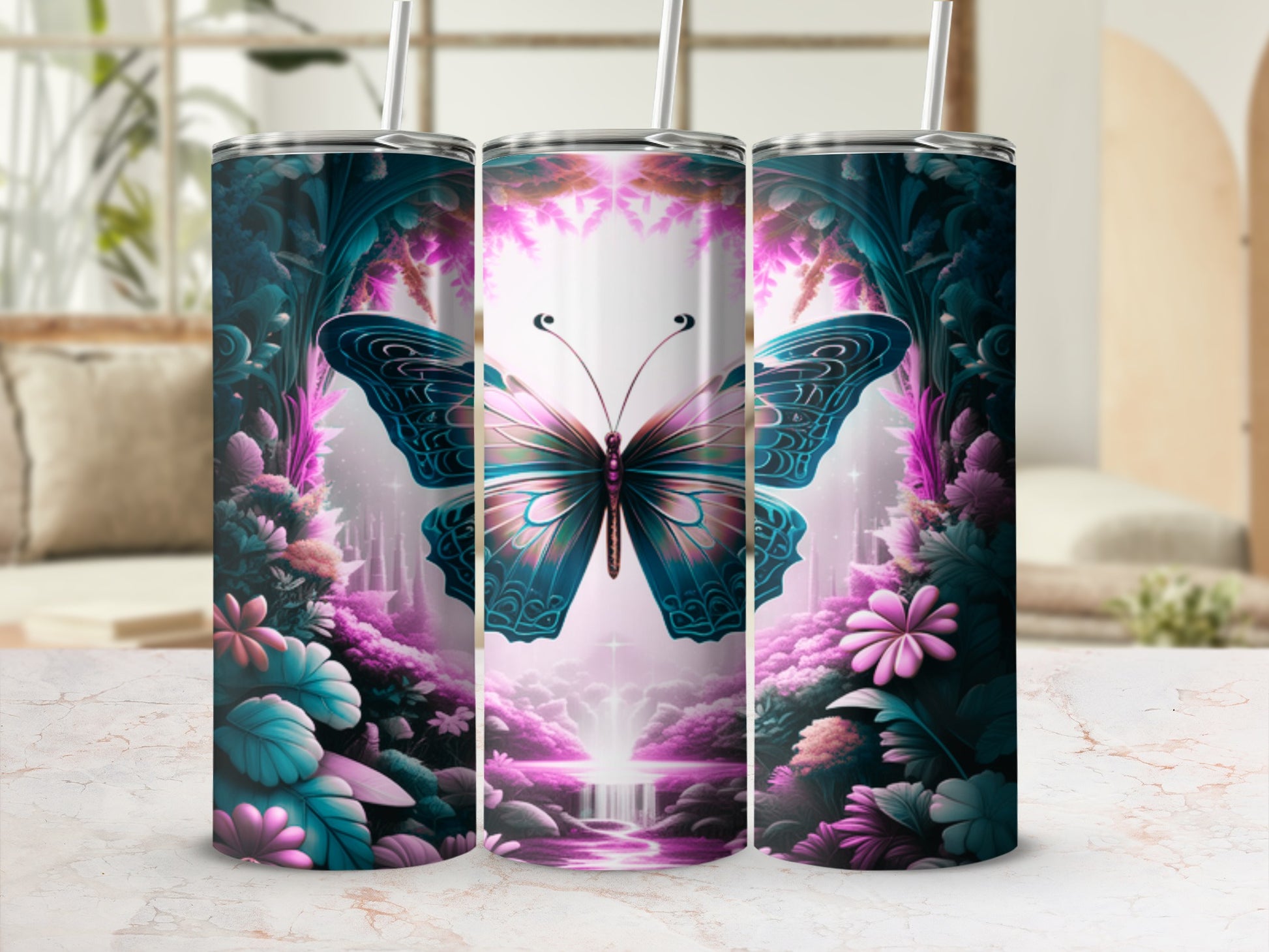 Large butterfly on a floral background with subtle landscape and light effects.