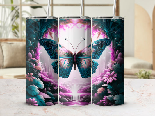 Large butterfly on a floral background with subtle landscape and light effects.