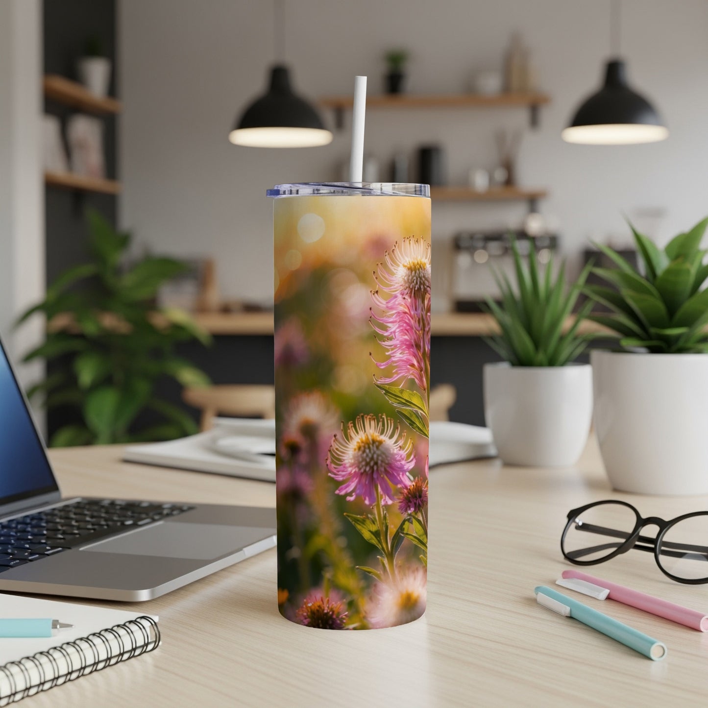 Tumbler with a close-up floral design featuring pink and purple blossoms.