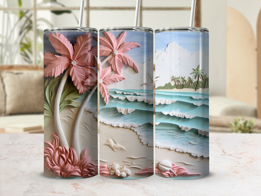 Three tumblers with tropical beach scenes and palm trees.