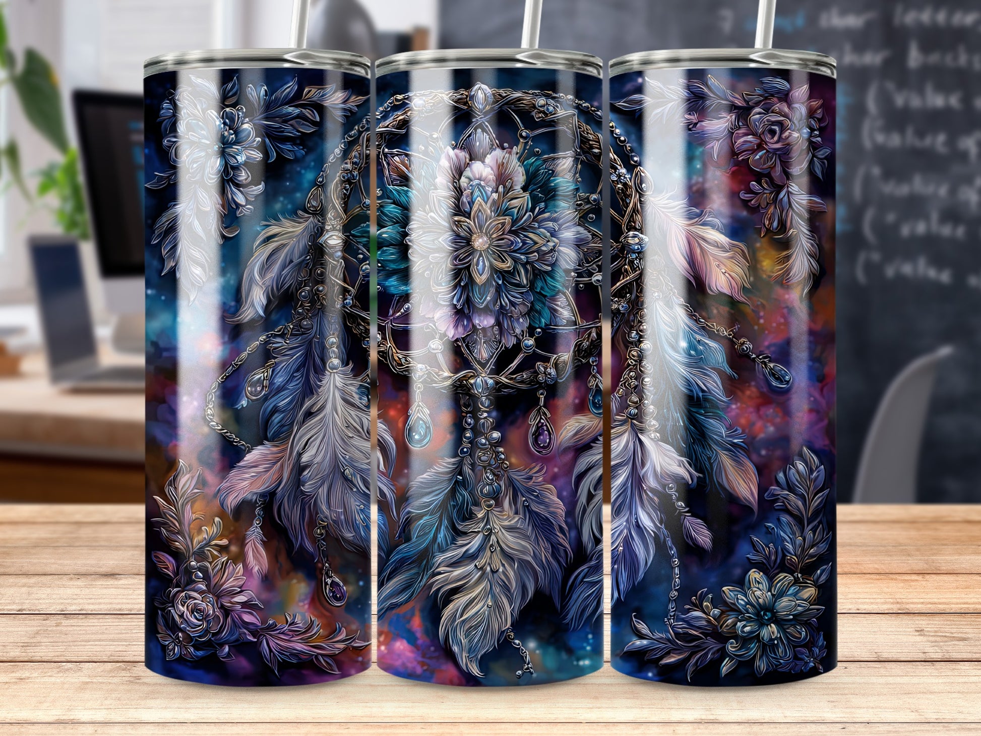Dreamcatcher Feathers Floral Tumbler Cup with Lid