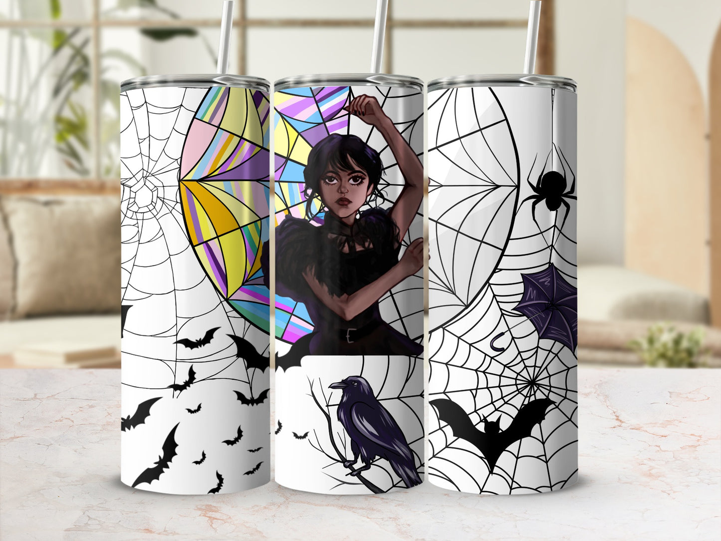 Gothic Character Stained Glass Spider Web Bat Tumbler