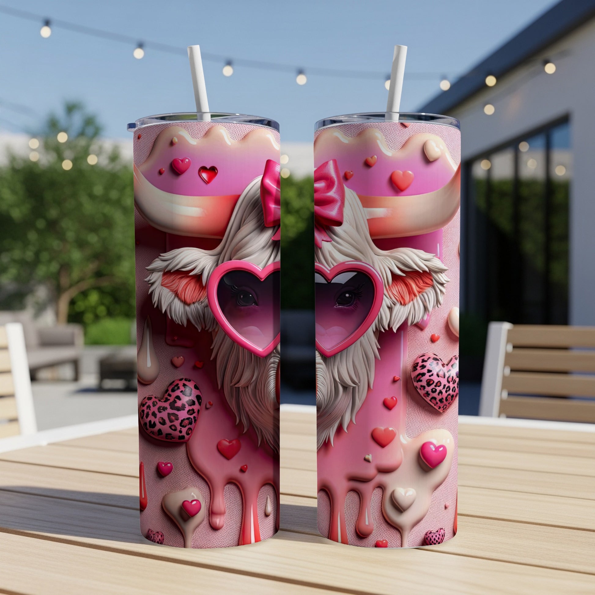 Cow tumbler with pink hearts and sunglasses on wooden table.