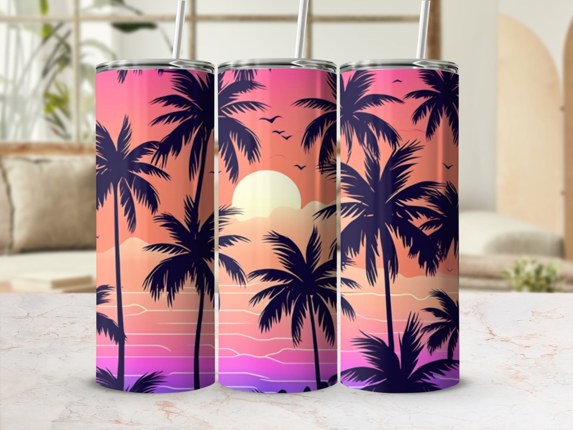 Palm trees against a sunset sky with pink and purple gradient on a tumbler.