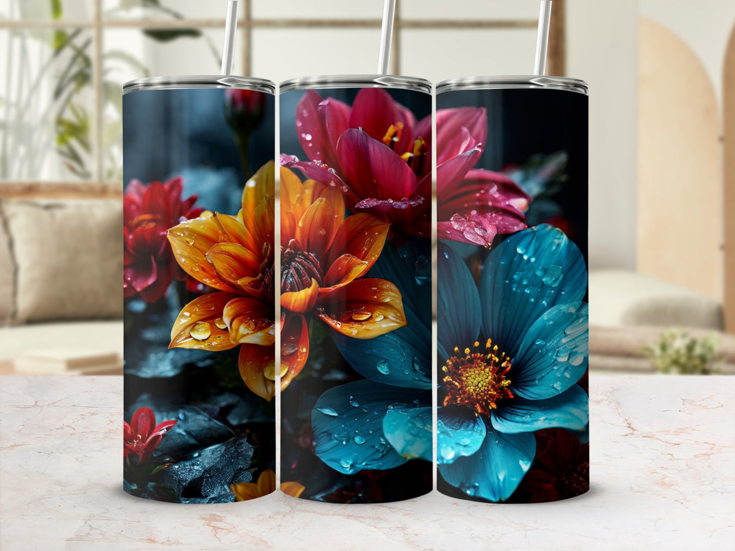Three tumblers featuring close-ups of wet, vibrant flowers in orange and blue.