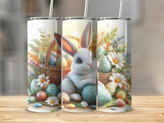 Easter bunny with painted eggs and flowers in a basket.