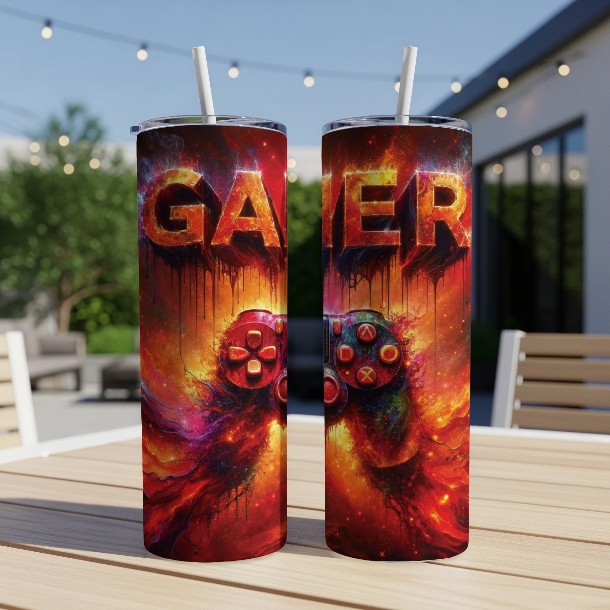 Two tumblers with "Gamer" text and a video game controller design.
