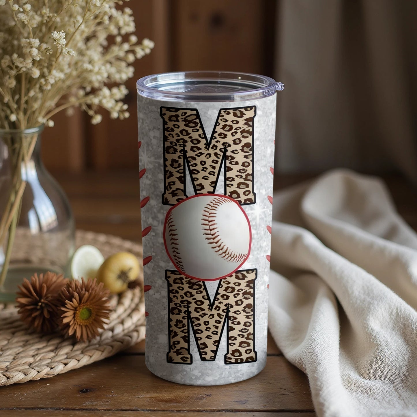 Leopard Print MOM with Baseball Tumbler Cup