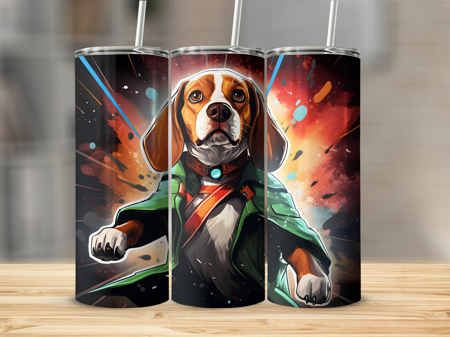 Beagle in a green robe with red strap on a black background.