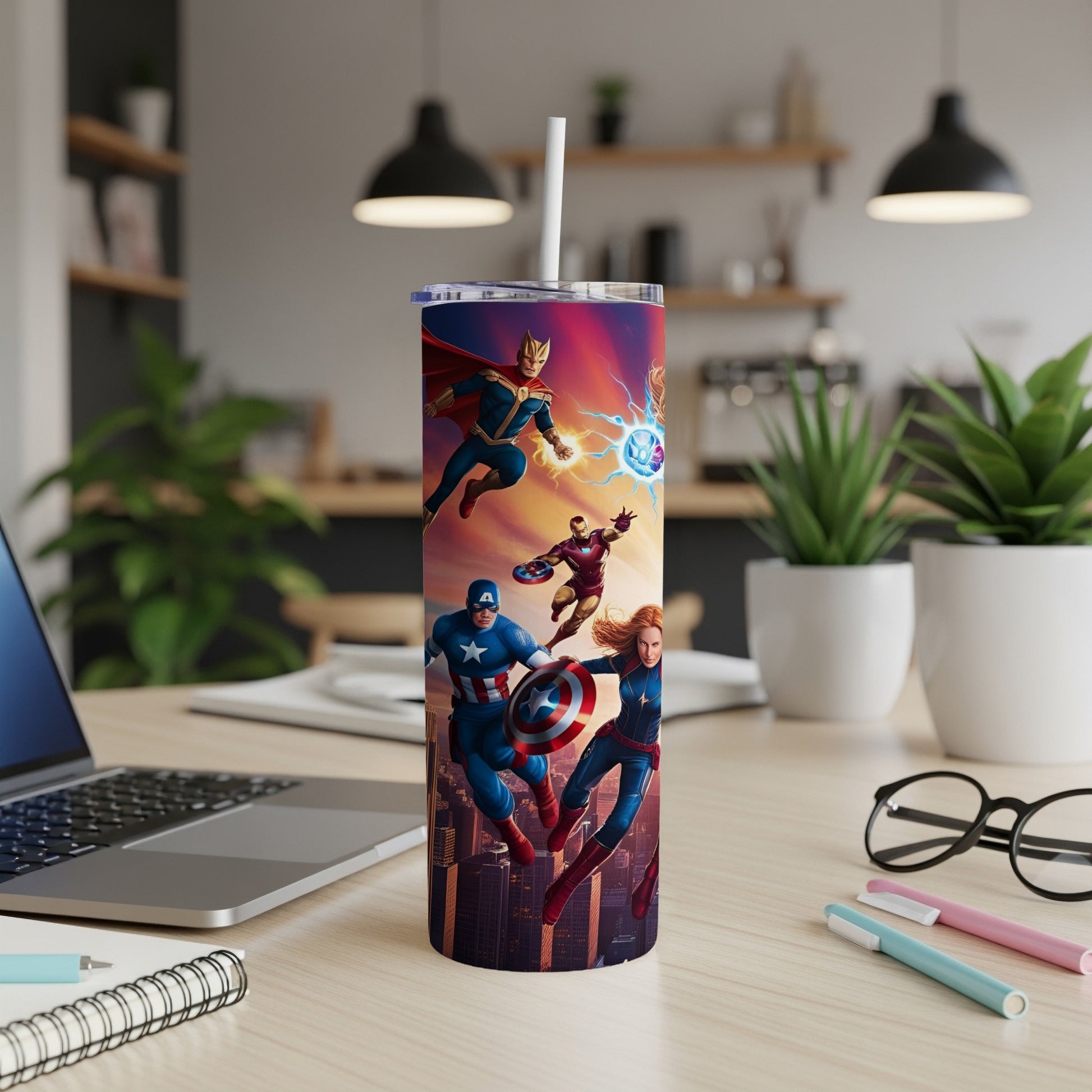Marvel superheroes Captain America, Iron Man, and Captain Marvel on a cityscape background.