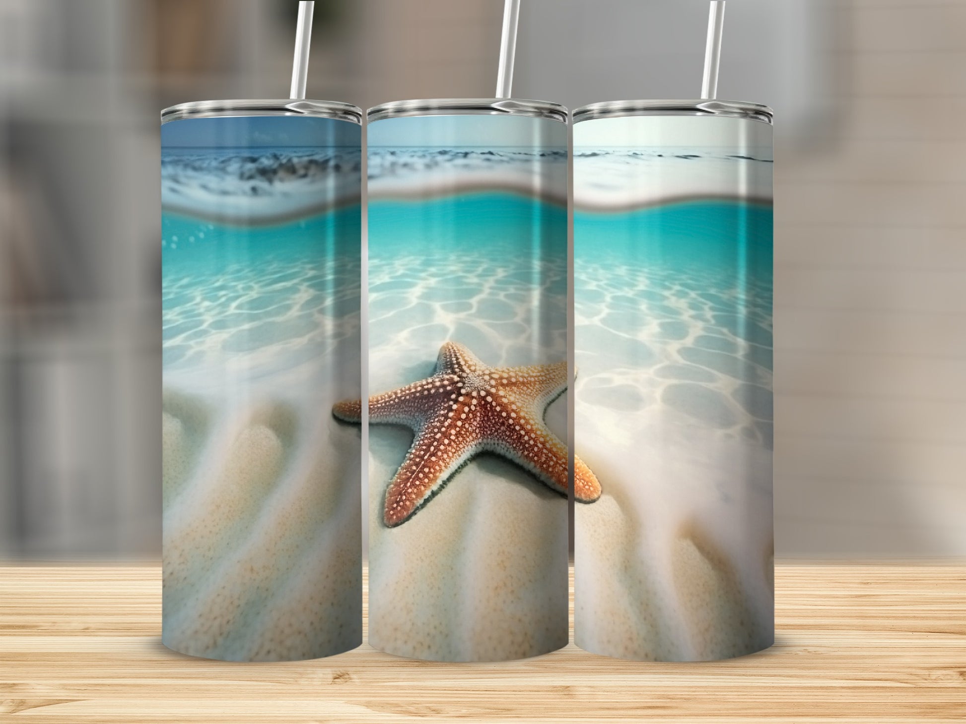 Ocean Starfish Beach Scene Tumbler with Clear Straw