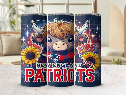 New England Patriots tumbler with cow wearing scarf and sunflowers.