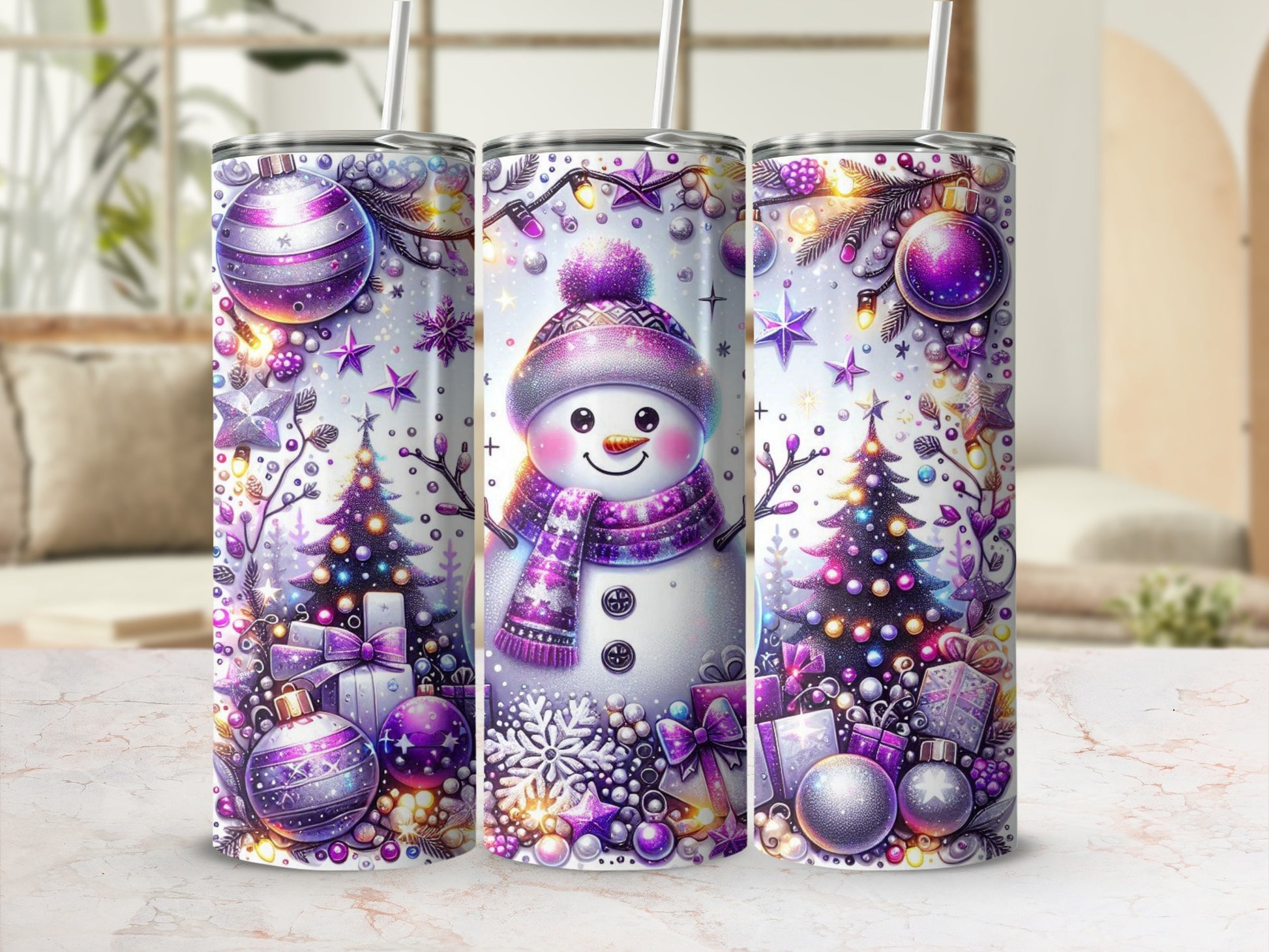 Festive Snowman and Christmas Tree Tumbler Design