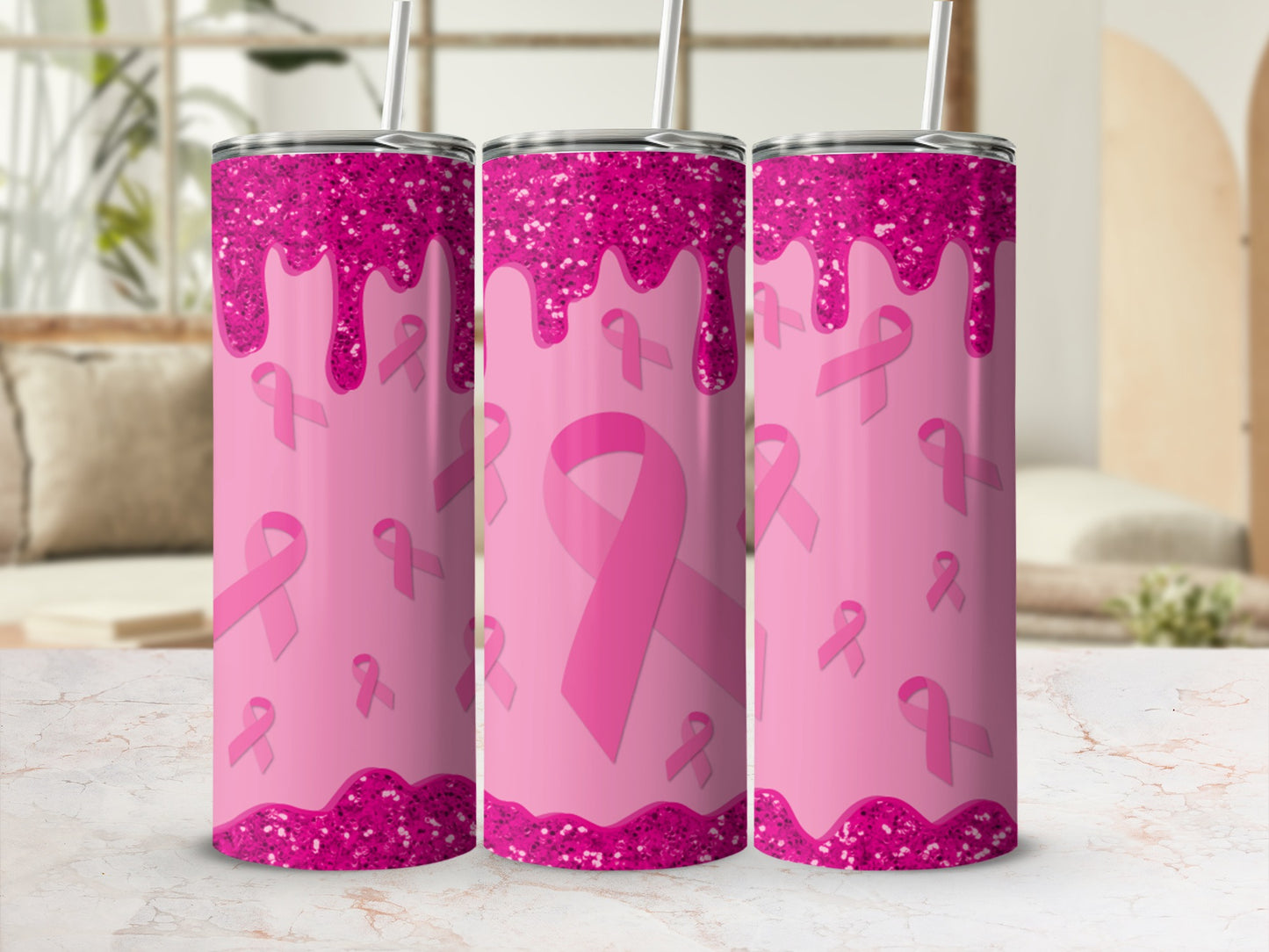 Pink glitter tumbler with dripping effect and pink breast cancer awareness ribbons.