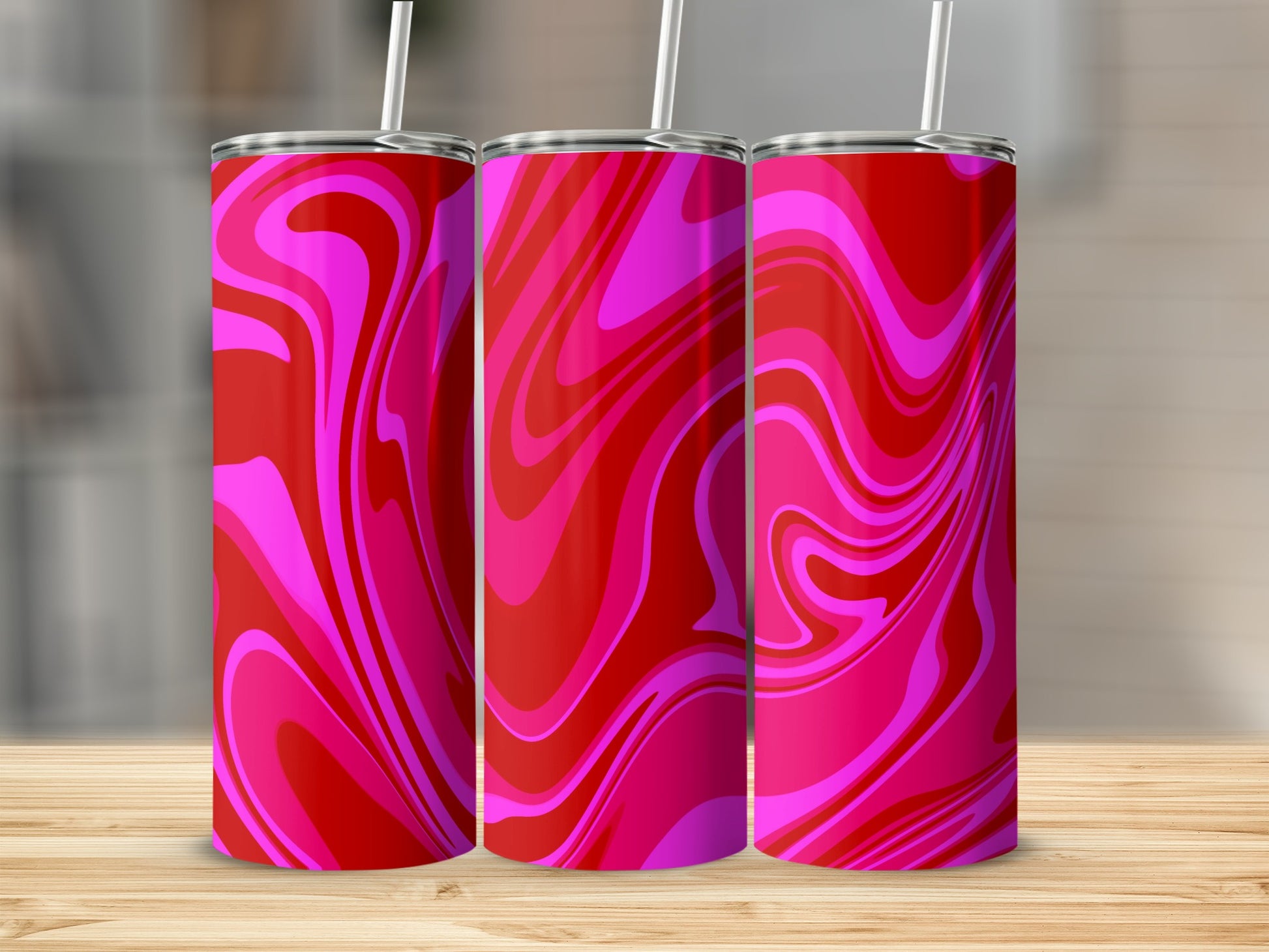 Red and Pink Swirl Tumbler with Metal Straw