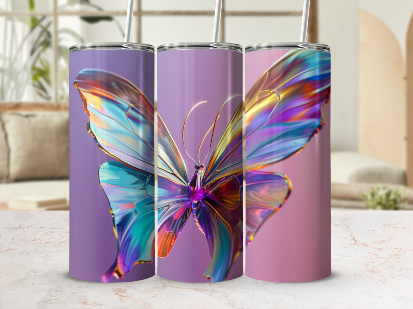 Iridescent butterfly design on three purple and pink tumblers.