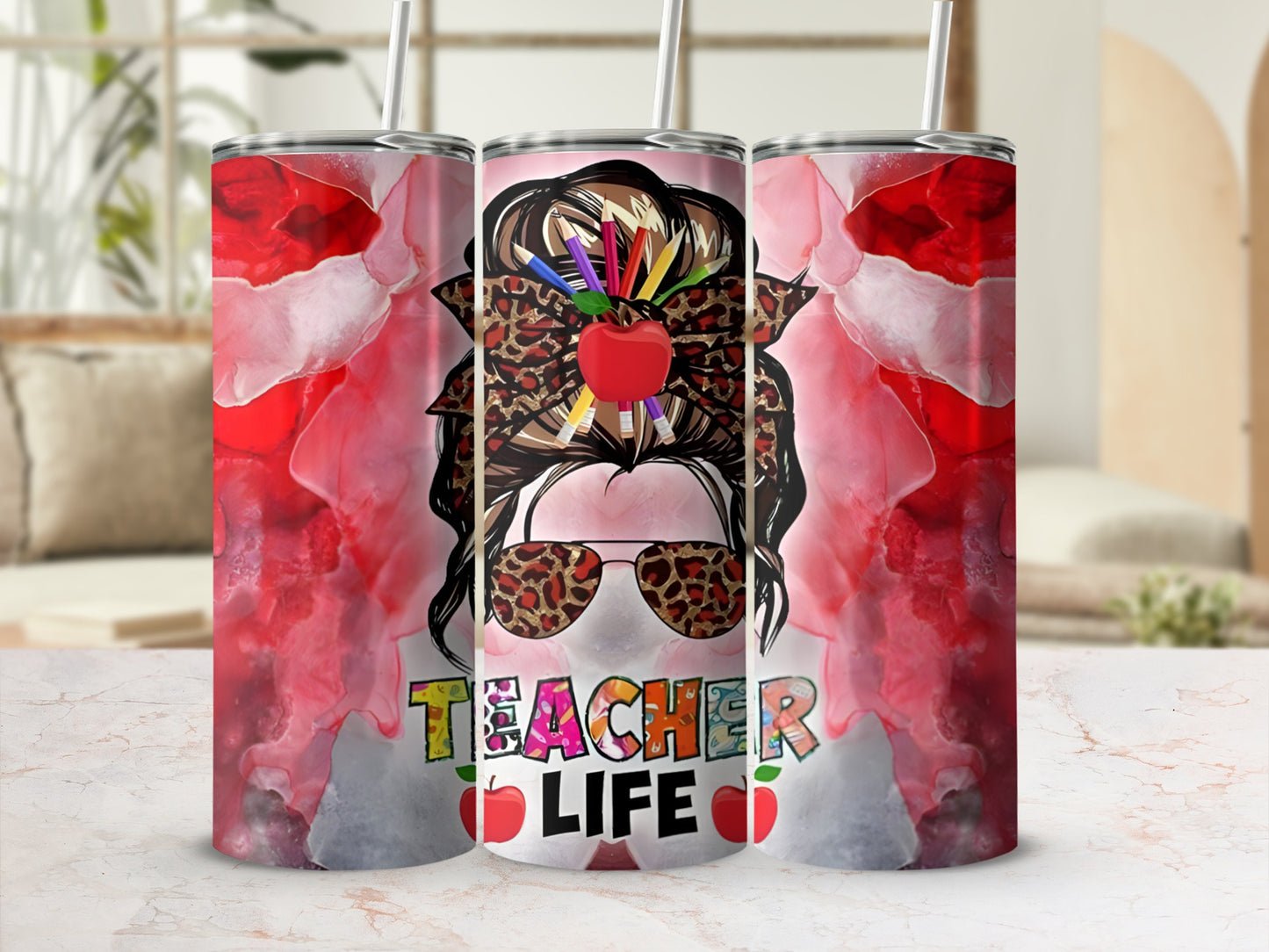 Teacher Life tumbler with leopard print bow and apple accents.