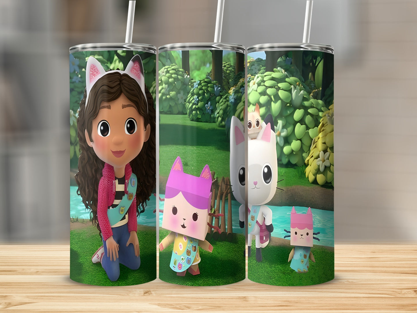 Gabby's Dollhouse characters Gabby, Pandy Paws, and CatRat on tumblers.