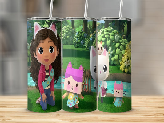 Gabby's Dollhouse characters Gabby, Pandy Paws, and CatRat on tumblers.