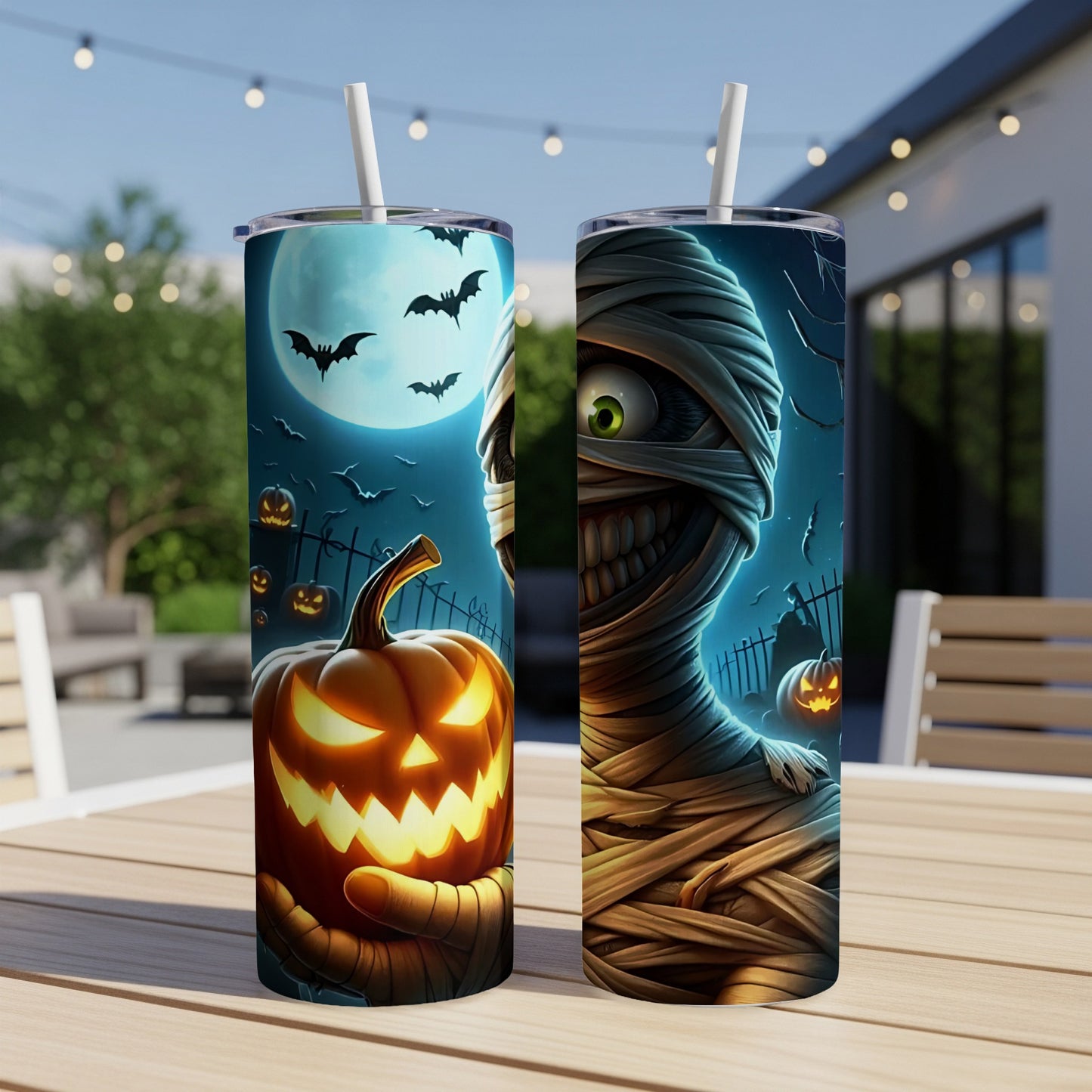 Two Halloween tumblers with a mummy and jack-o'-lantern design.