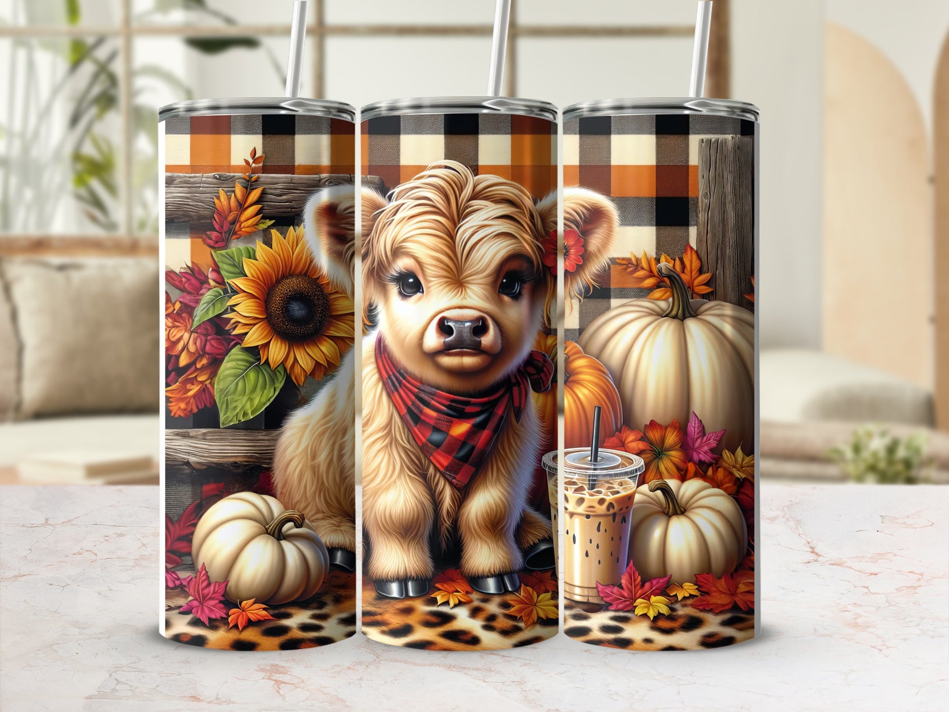Highland cow with pumpkin and sunflower on plaid background, autumn tumbler.