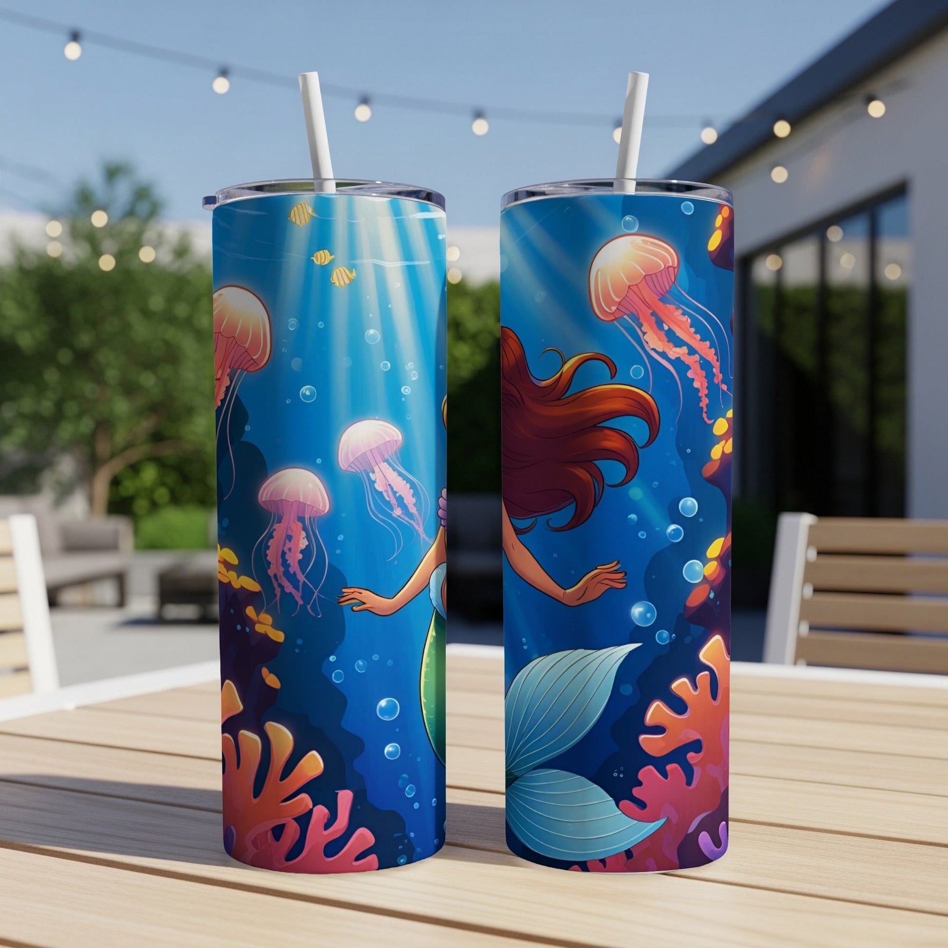 Two mermaid tumblers with underwater scene, jellyfish, and coral.