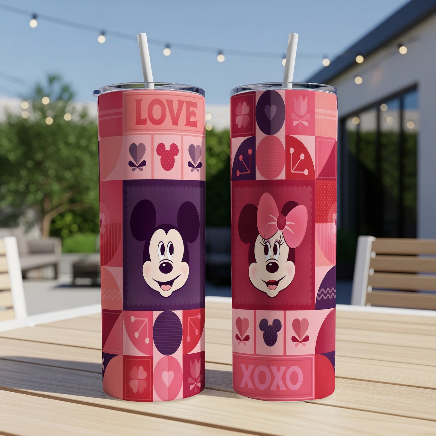 Mickey and Minnie Mouse Valentine's Day tumblers with hearts and "XOXO".