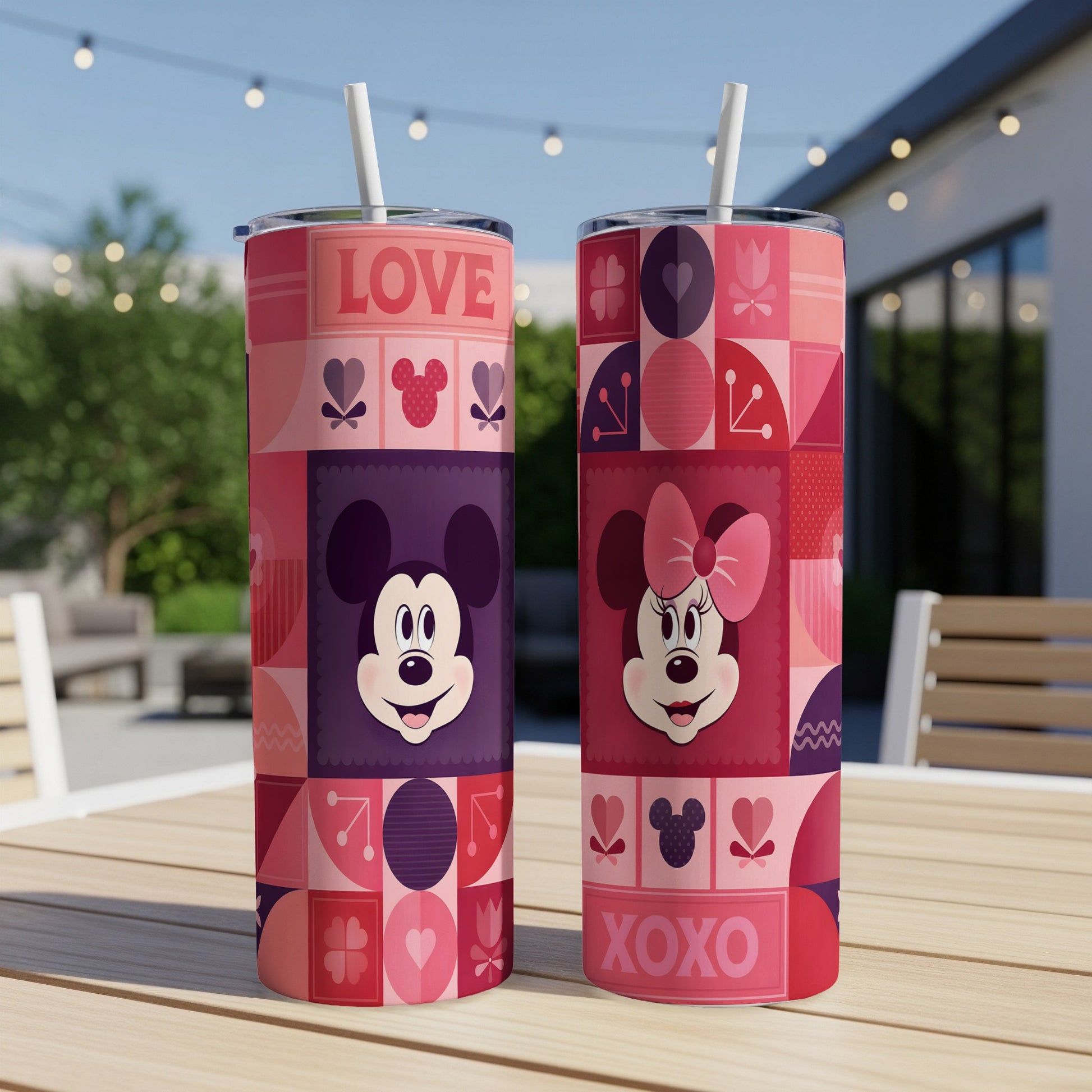Mickey and Minnie Mouse Valentine's Day tumblers with hearts and "XOXO".