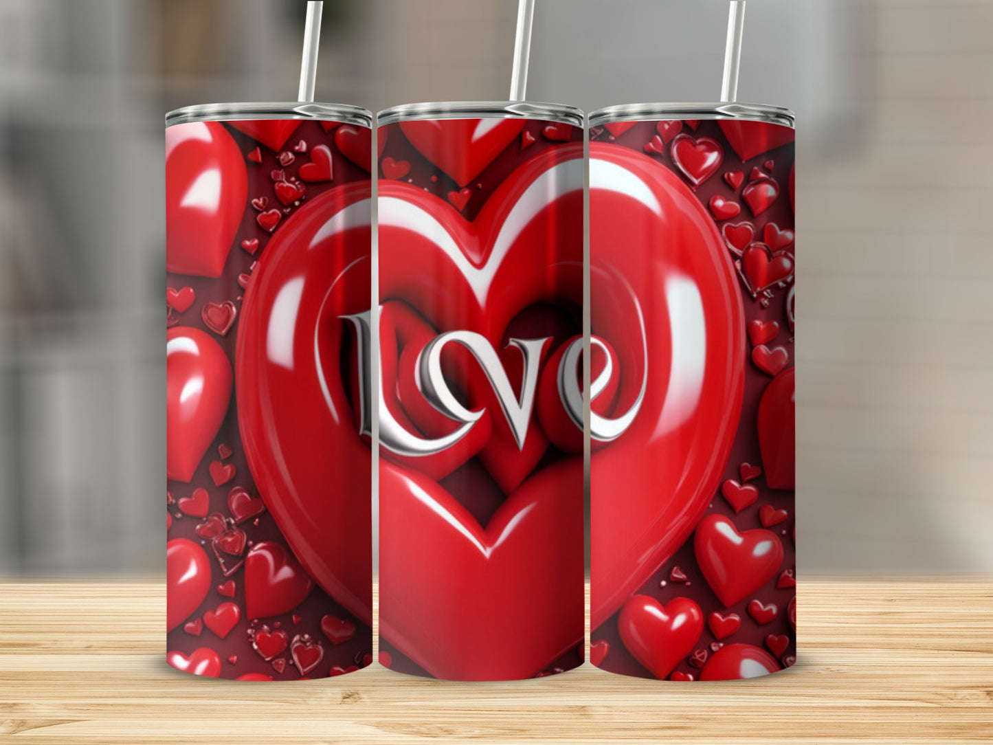Three red tumblers with heart design and "Love" text.