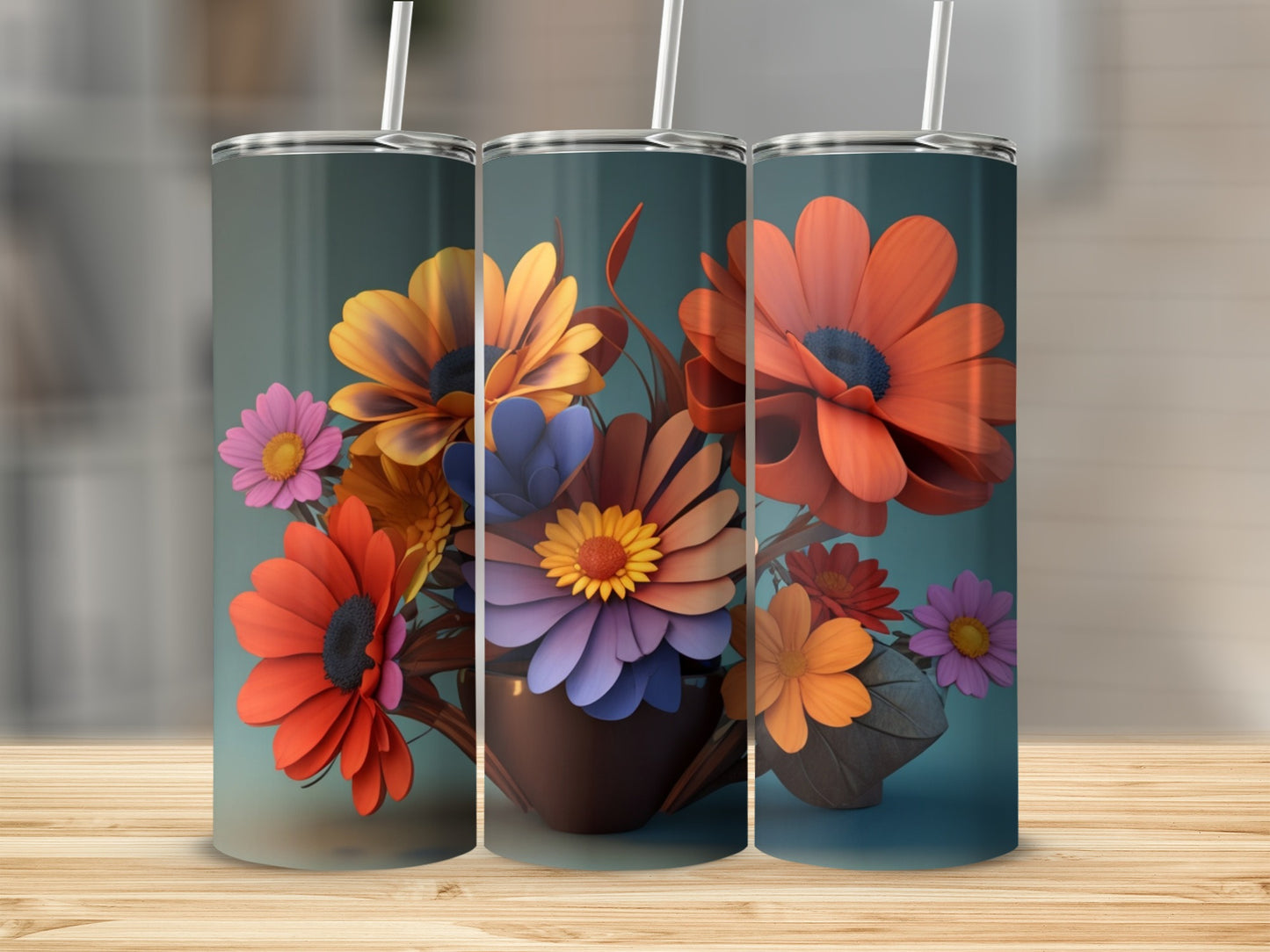 Three tumblers featuring a colorful bouquet of stylized flowers in a brown vase.
