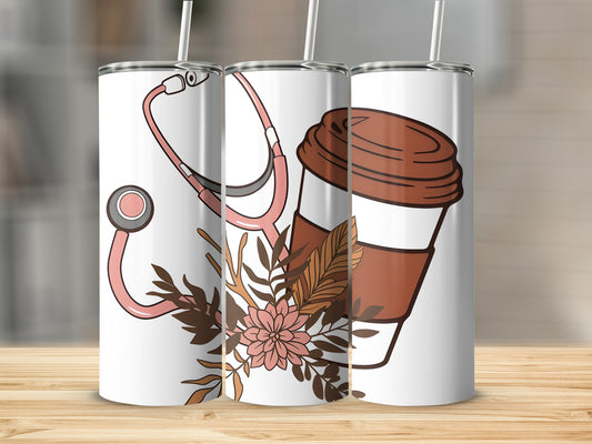 Three tumblers featuring a stethoscope, floral design, and coffee cup.