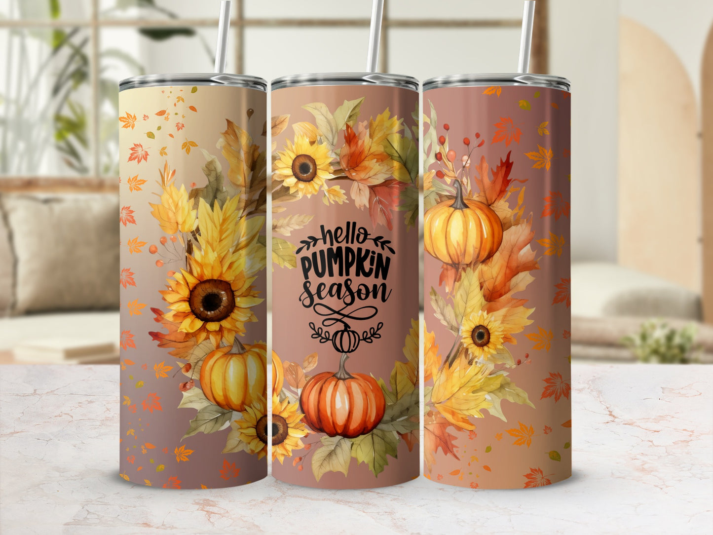 Hello Pumpkin Season Fall Floral Design Tumbler