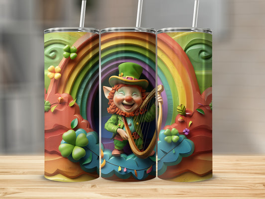 Leprechaun playing a harp on a cloud with a rainbow and shamrocks.