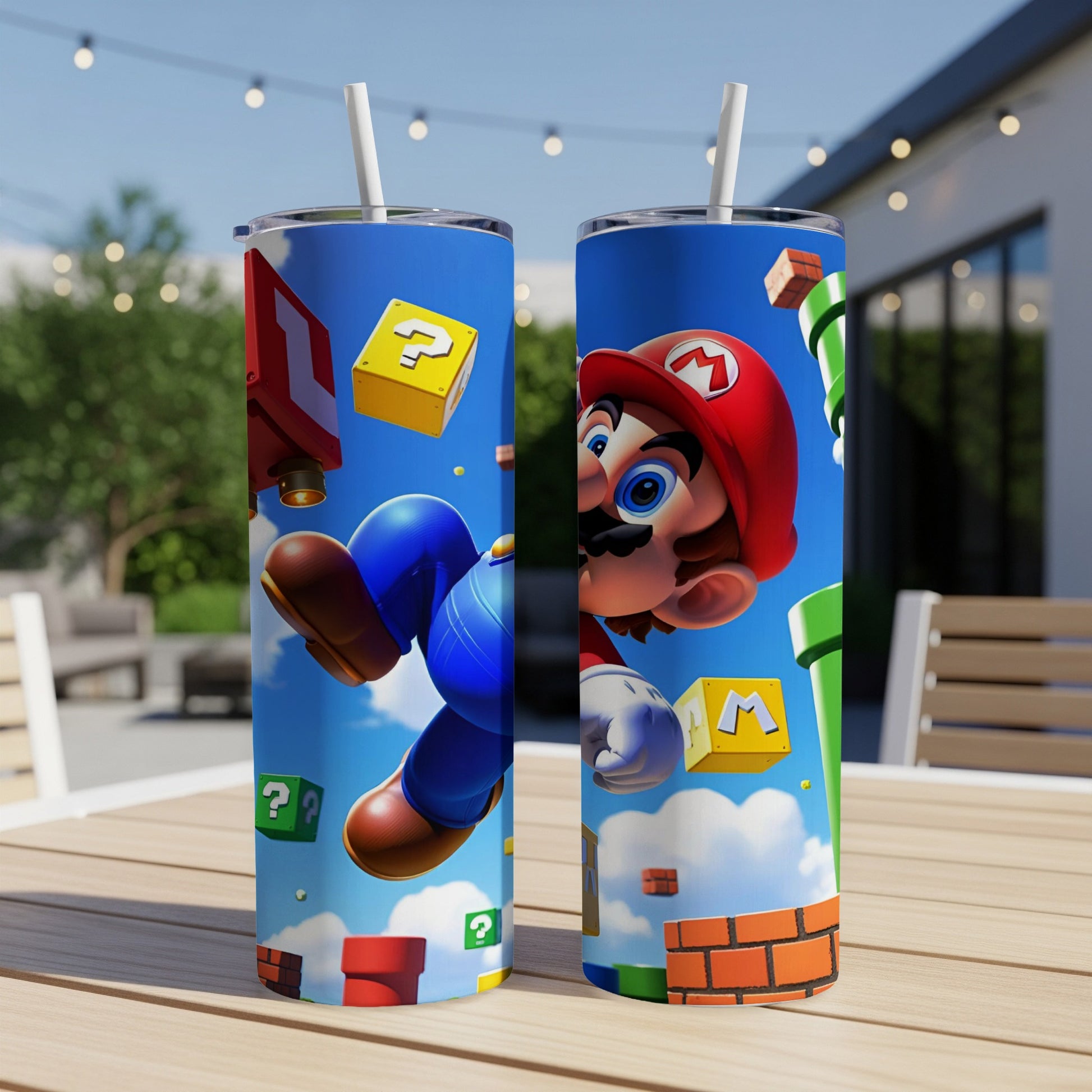 Mario in mid-air from Super Mario Bros., with question blocks and pipes.