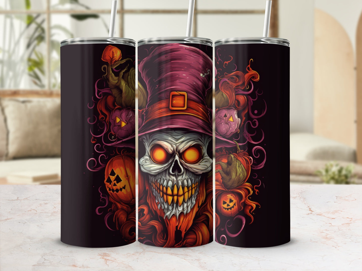 Spooky Halloween Themed Skull and Pumpkin Tumbler