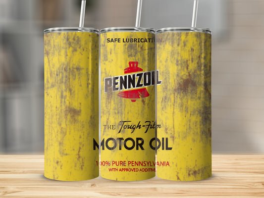 Pennzoil motor oil tumbler with distressed yellow and red branding.