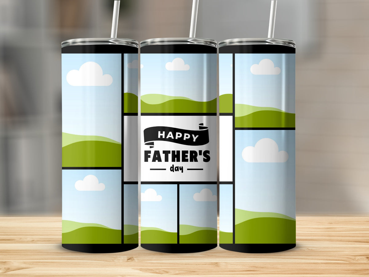 Three tumblers with a grid design featuring a landscape and "Happy Father's Day".