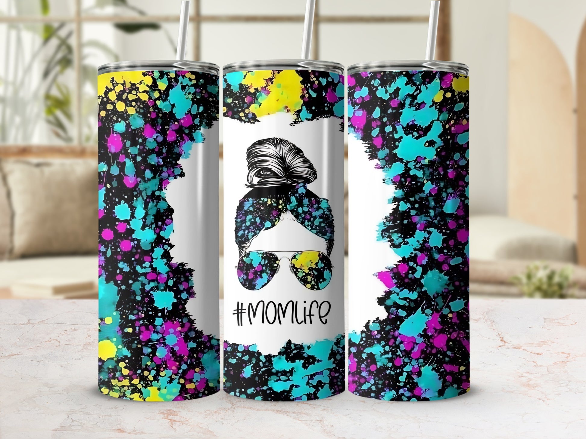 Colorful Splatter Design with #MomLife Tumbler