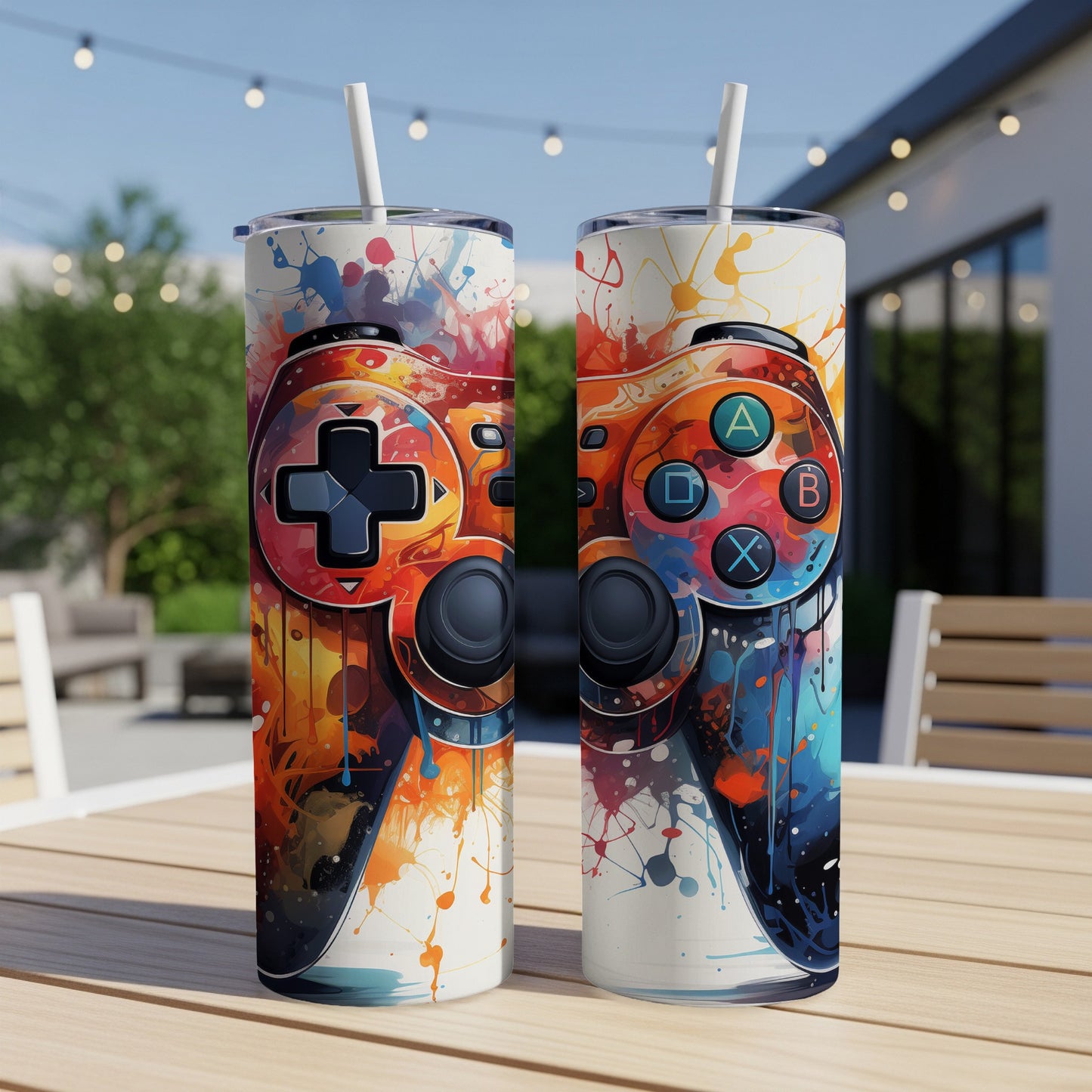 Two tumblers with colorful video game controller abstract art design.