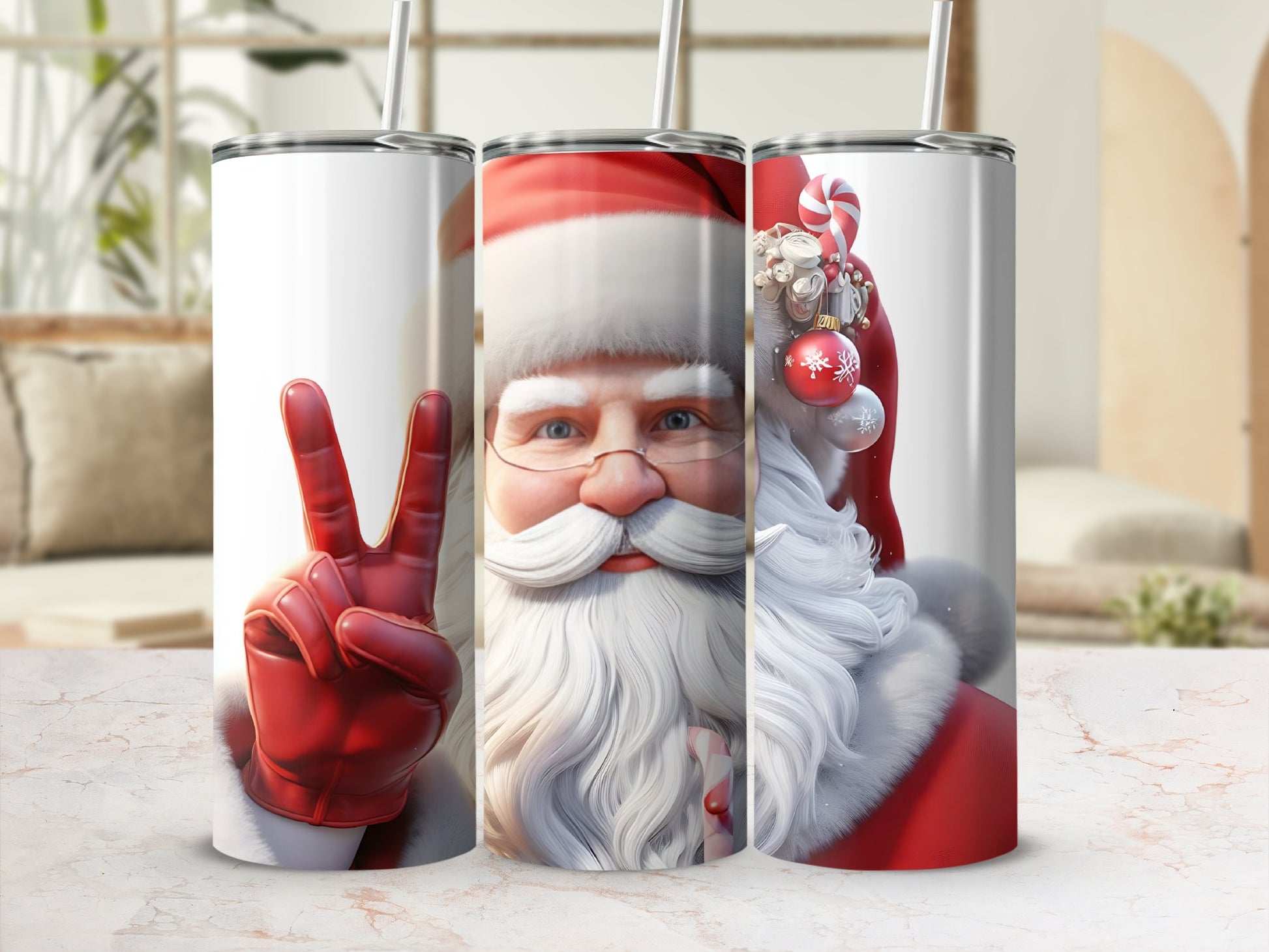 Three Santa Claus tumblers, one with a peace sign, feature festive holiday designs.