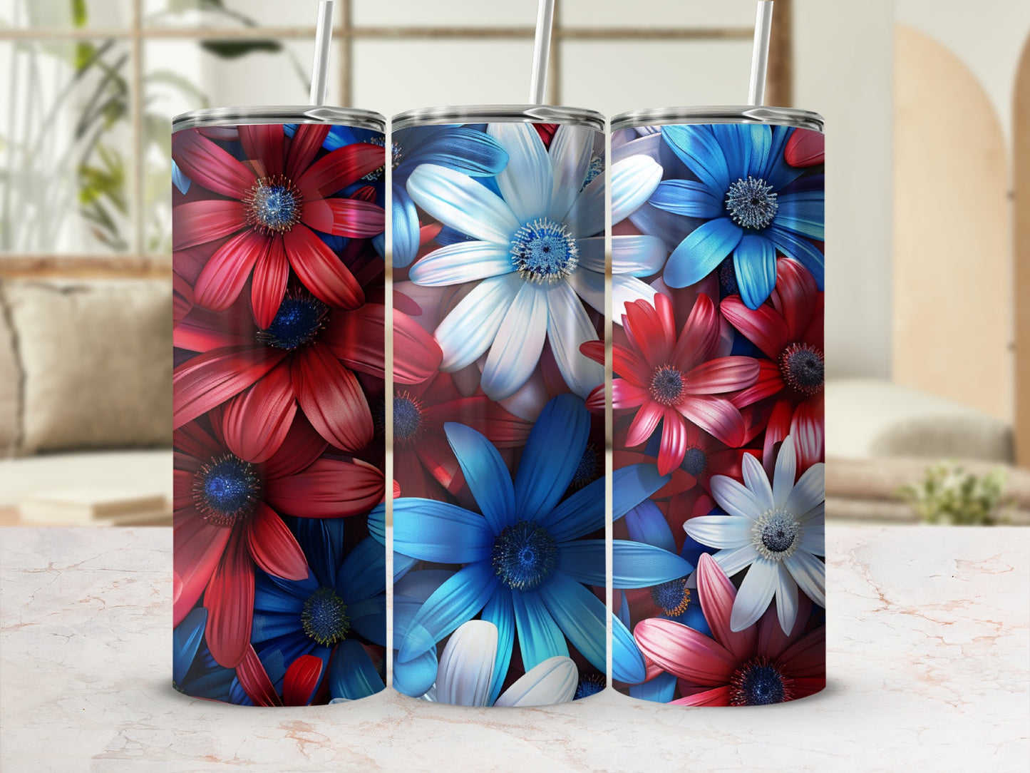 Three floral tumblers with red, white, and blue designs.