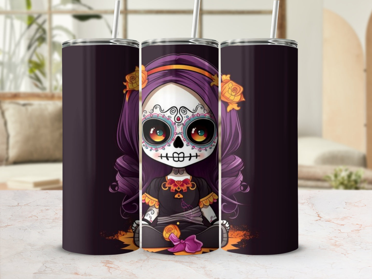 Three tumblers display a Day of the Dead sugar skull girl with purple hair and flowers.