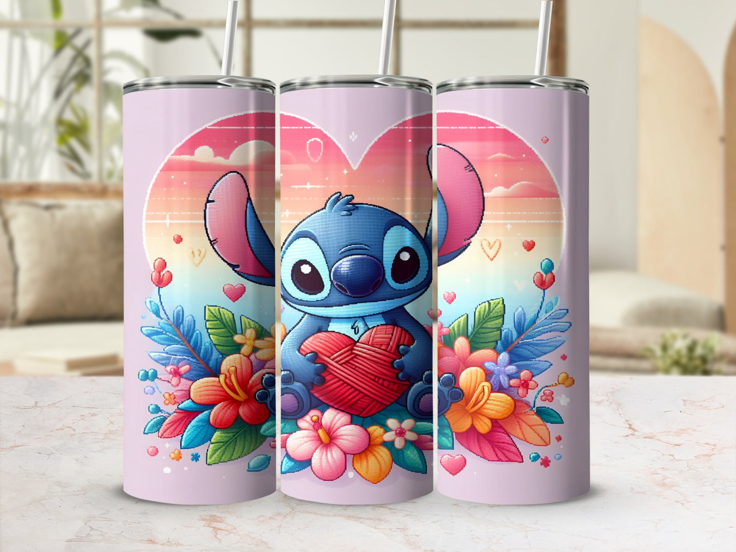Stitch holding a heart, surrounded by flowers on a pastel background.