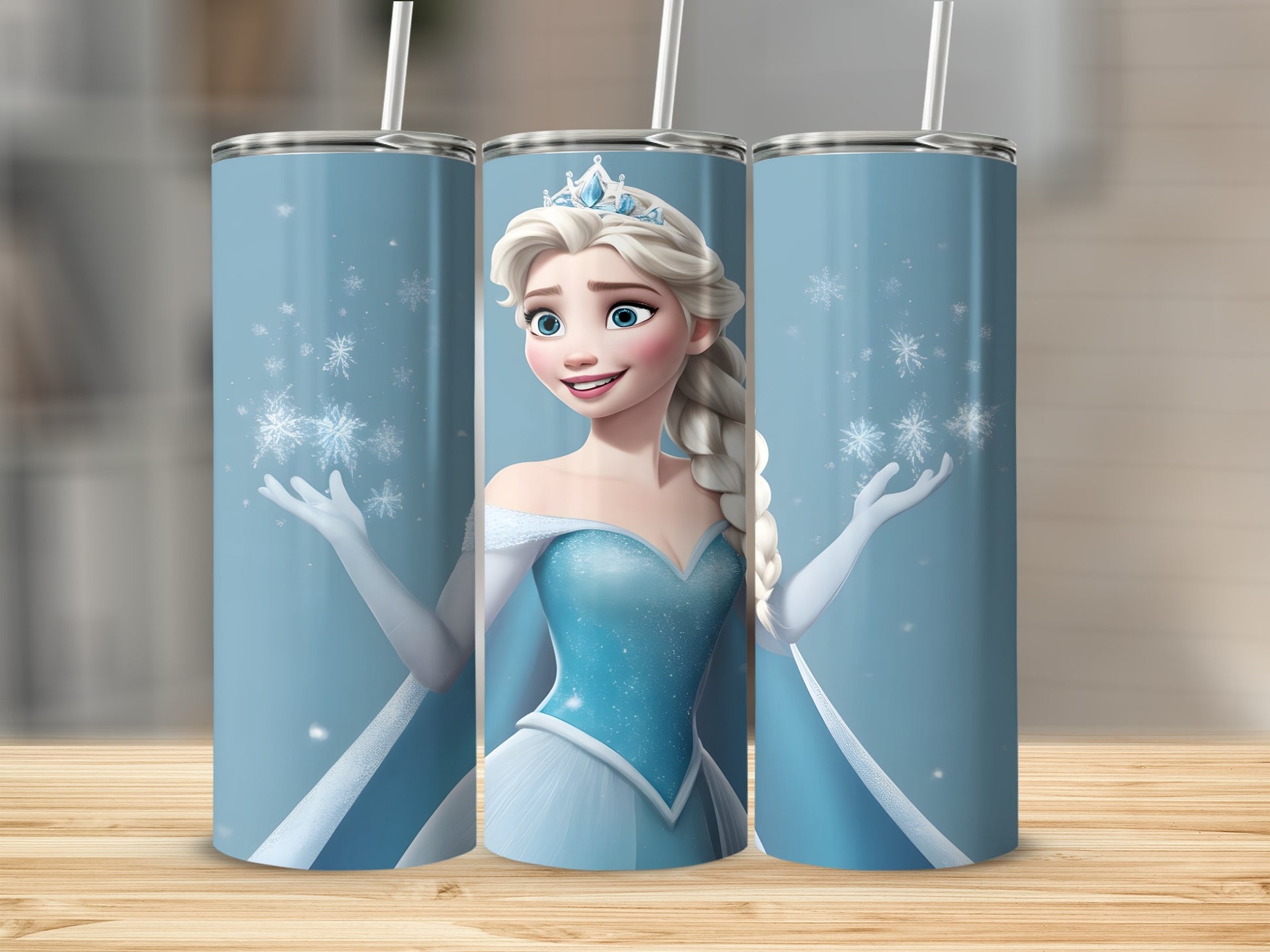 Elsa from Frozen with snowflakes, on a blue tumbler.