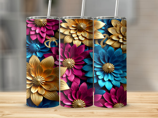 Three colorful tumblers with floral patterns in pink, gold, and blue.