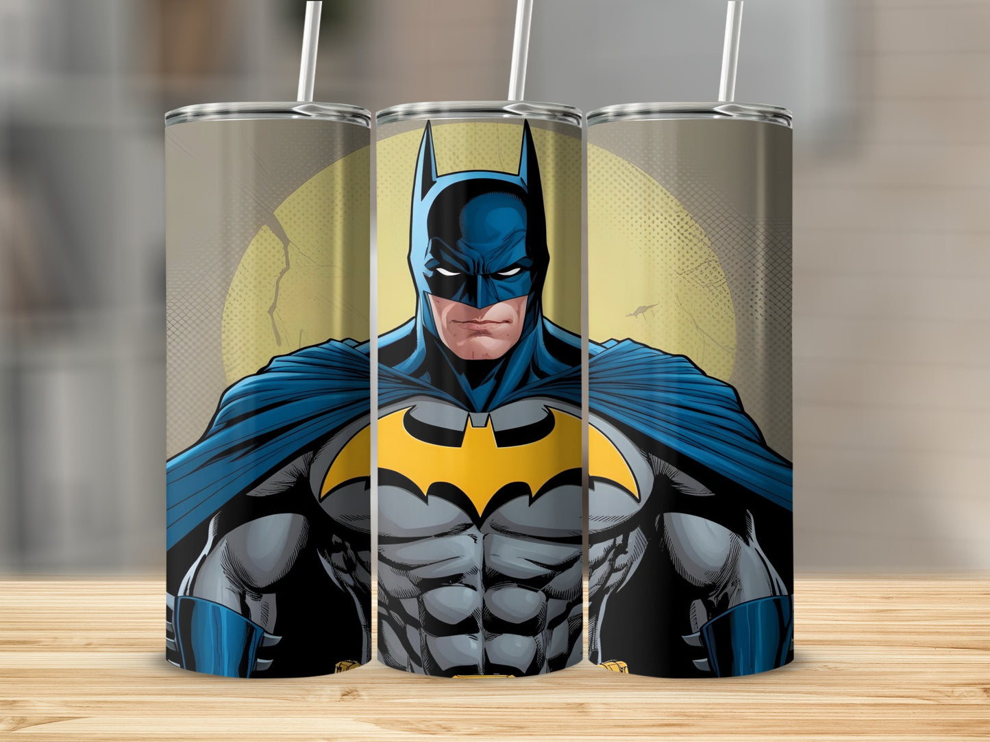 Batman superhero illustration on a cylindrical tumbler with straw.