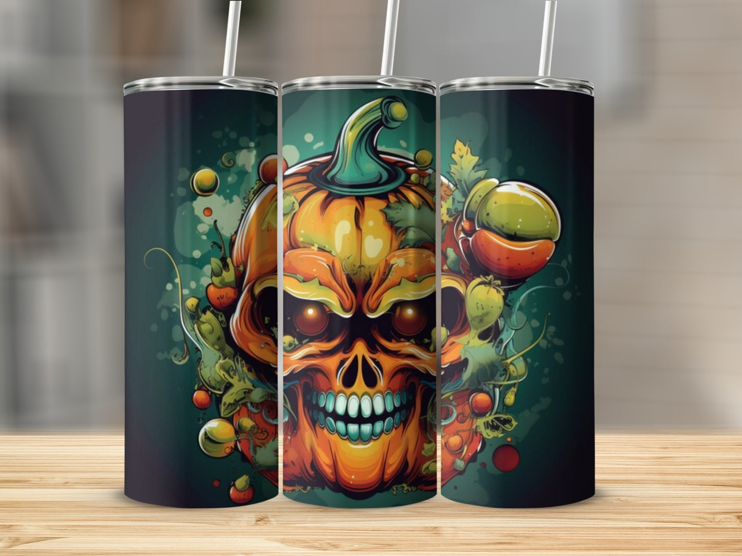 Three tumblers with a Halloween skull and pumpkin design.